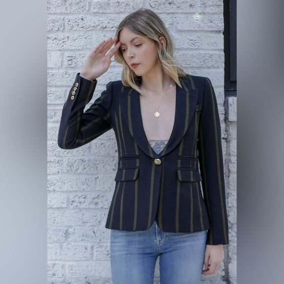 Smythe Peaked Lapel Blazer 100% Wool Jacket Black Mustard Stripe size 6